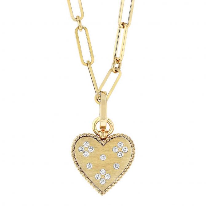Roberto Coin Small Heart Medallion Pendant Necklace with Scattered Diamonds in Yellow Gold, 19"