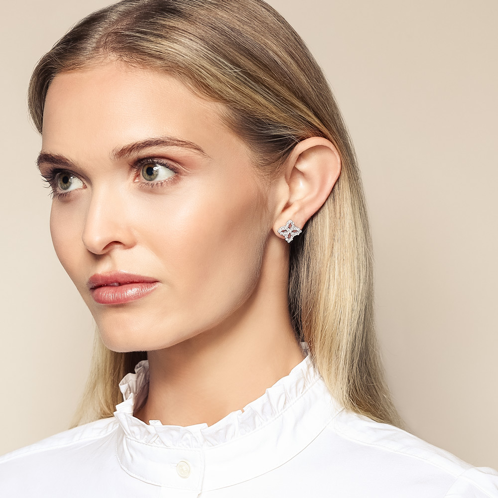 Roberto Coin Open Princess Flower Medium White Gold Earrings with Diamonds