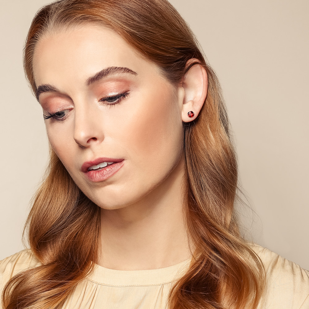 Checkerboard Cushion Garnet Earrings in White Gold