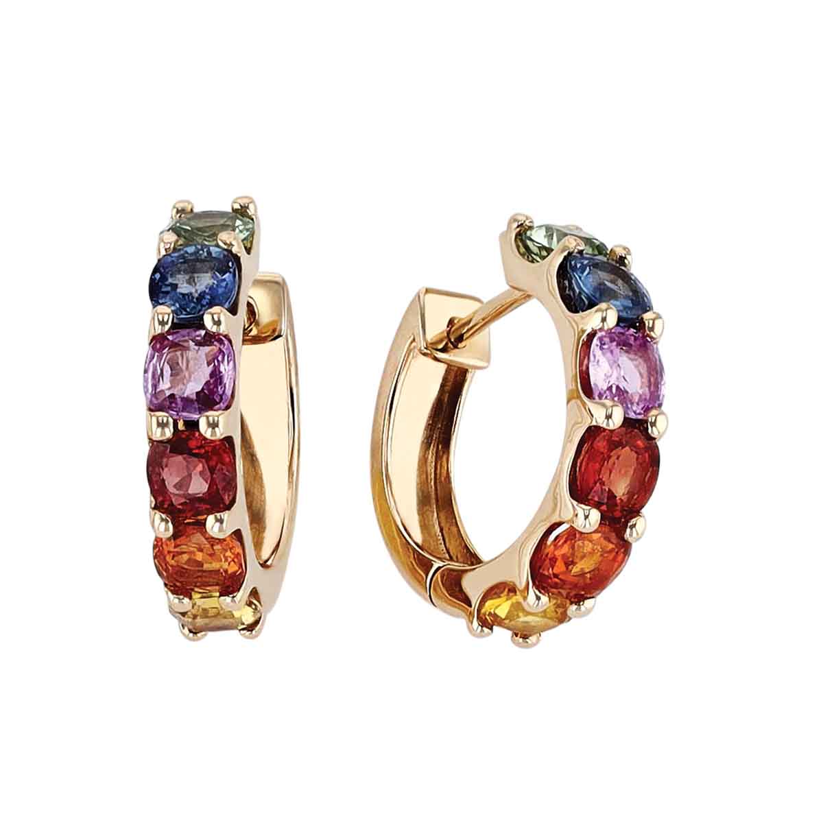 Round Multicolored Sapphire Hoop Earrings in Yellow Gold | Borsheims