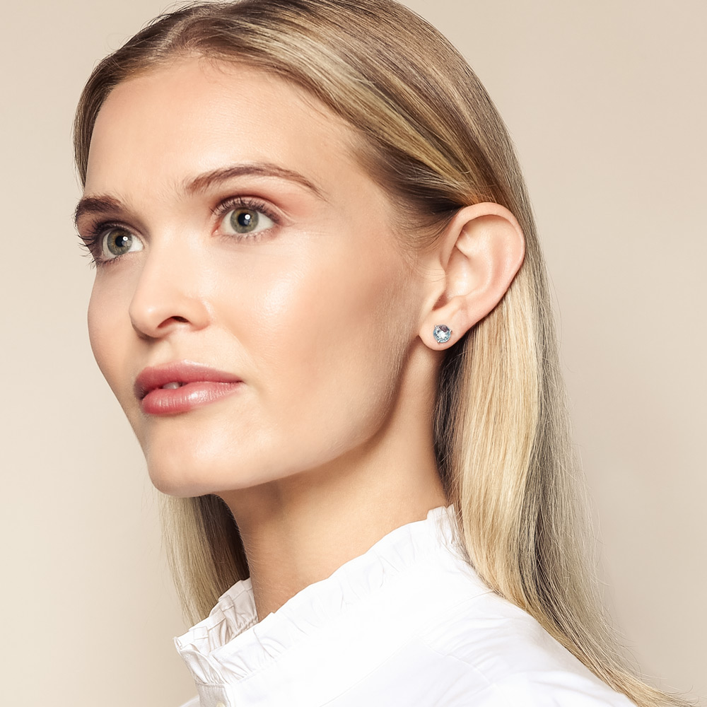 14K White Gold Round Checkerboard Blue Topaz Post Earrings