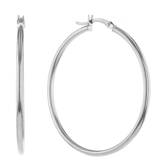 White Gold Thin Tube Hoop Earrings, 40 mm