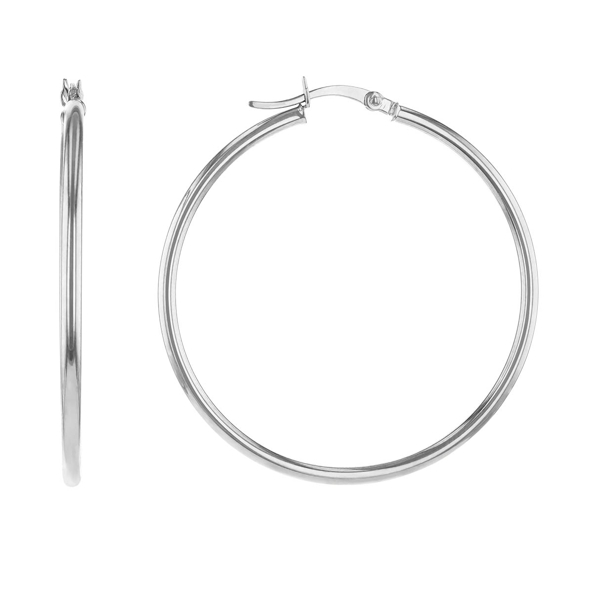 White Gold Thin Tube Hoop Earrings, 40 mm