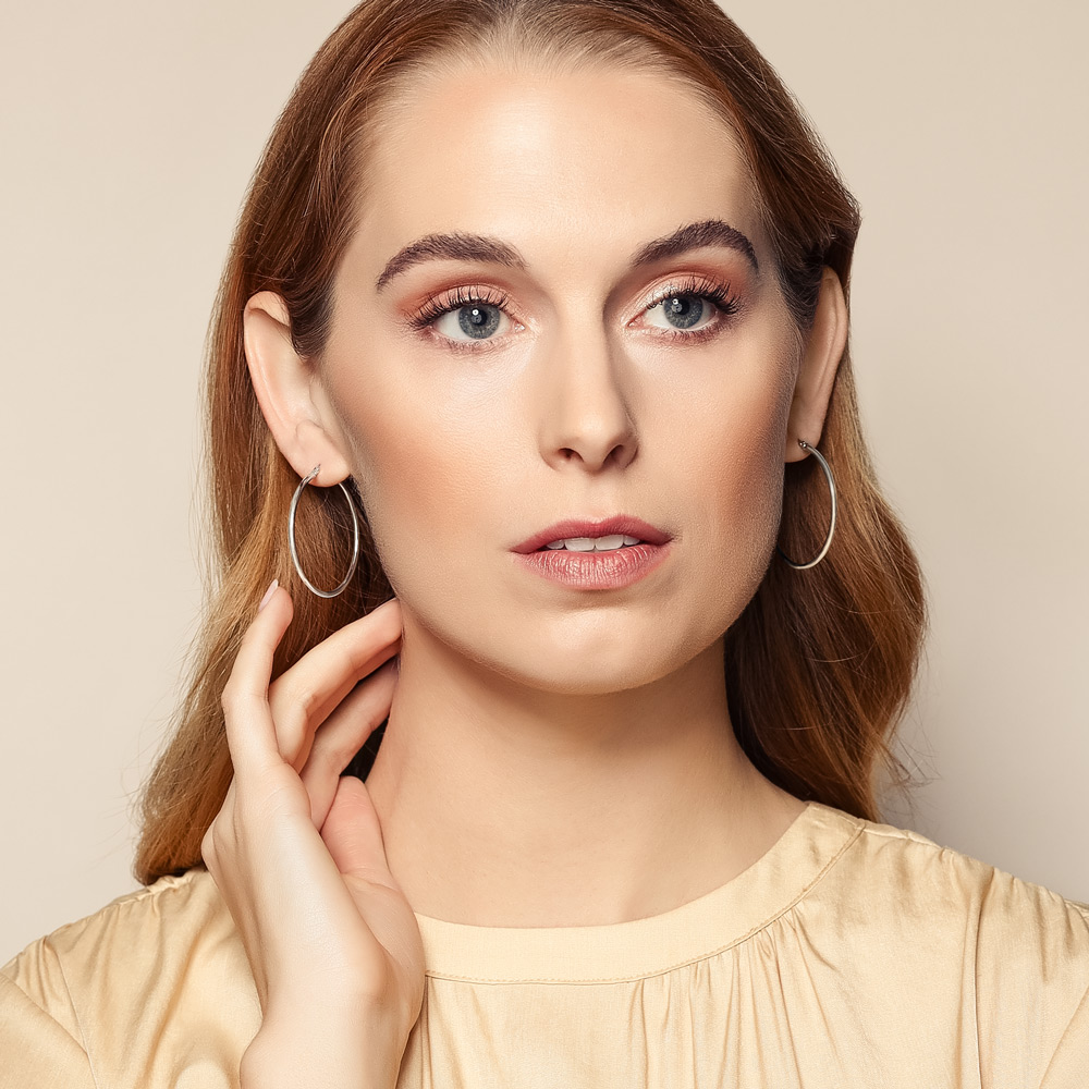 White Gold Thin Tube Hoop Earrings, 40 mm