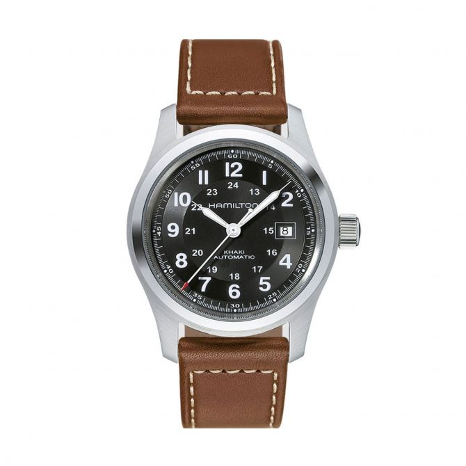 Hamilton Khaki Field Automatic 42mm Men's Watch, Black Dial and Classic Brown Strap