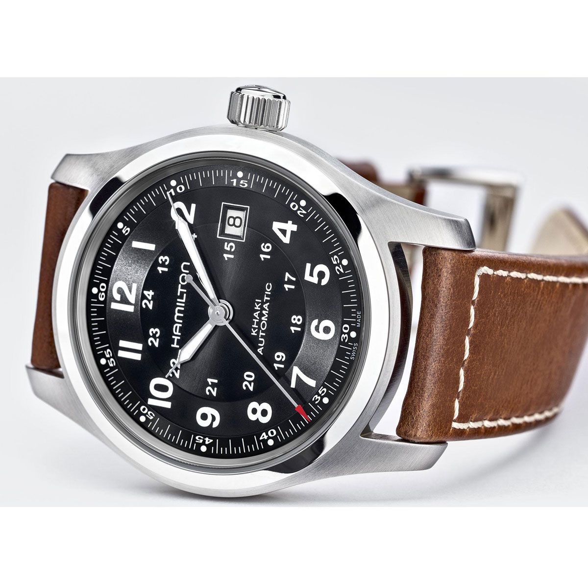 Hamilton Khaki Field Automatic 42mm Men's Watch, Black Dial and Classic Brown Strap