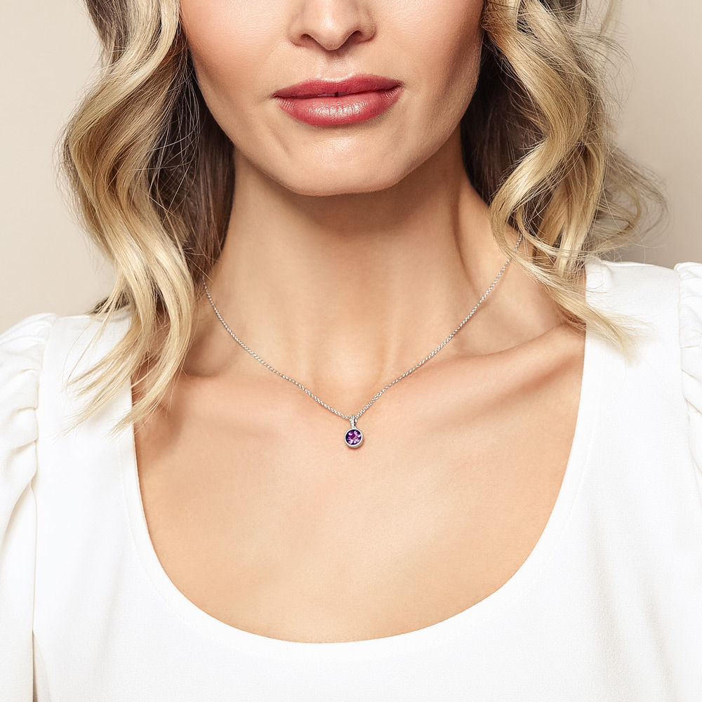 Amethyst Milgrain Bezel Set Pendant Necklace in White Gold