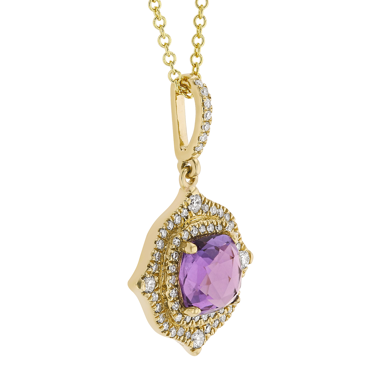 Cushion Amethyst & Diamond Double Halo Arabesque Pendant in Yellow Gold, 18