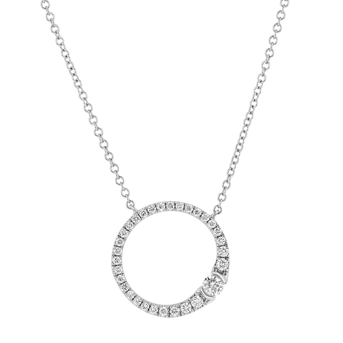 Diamond Graduated Open Circle Necklace in White Gold, 18