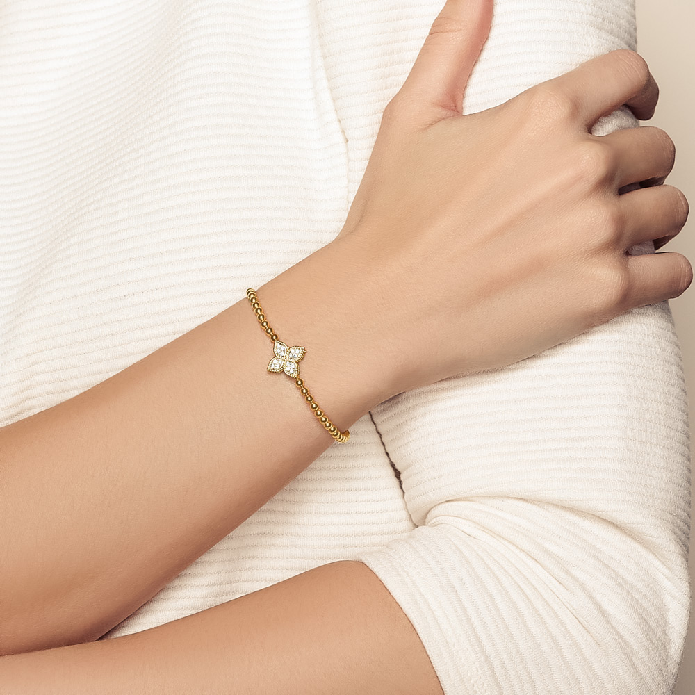 Roberto Coin Princess Flower Diamond Large Stretch Bracelet in Yellow Gold