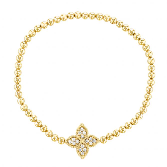 Roberto Coin Princess Flower Diamond Large Stretch Bracelet in Yellow Gold