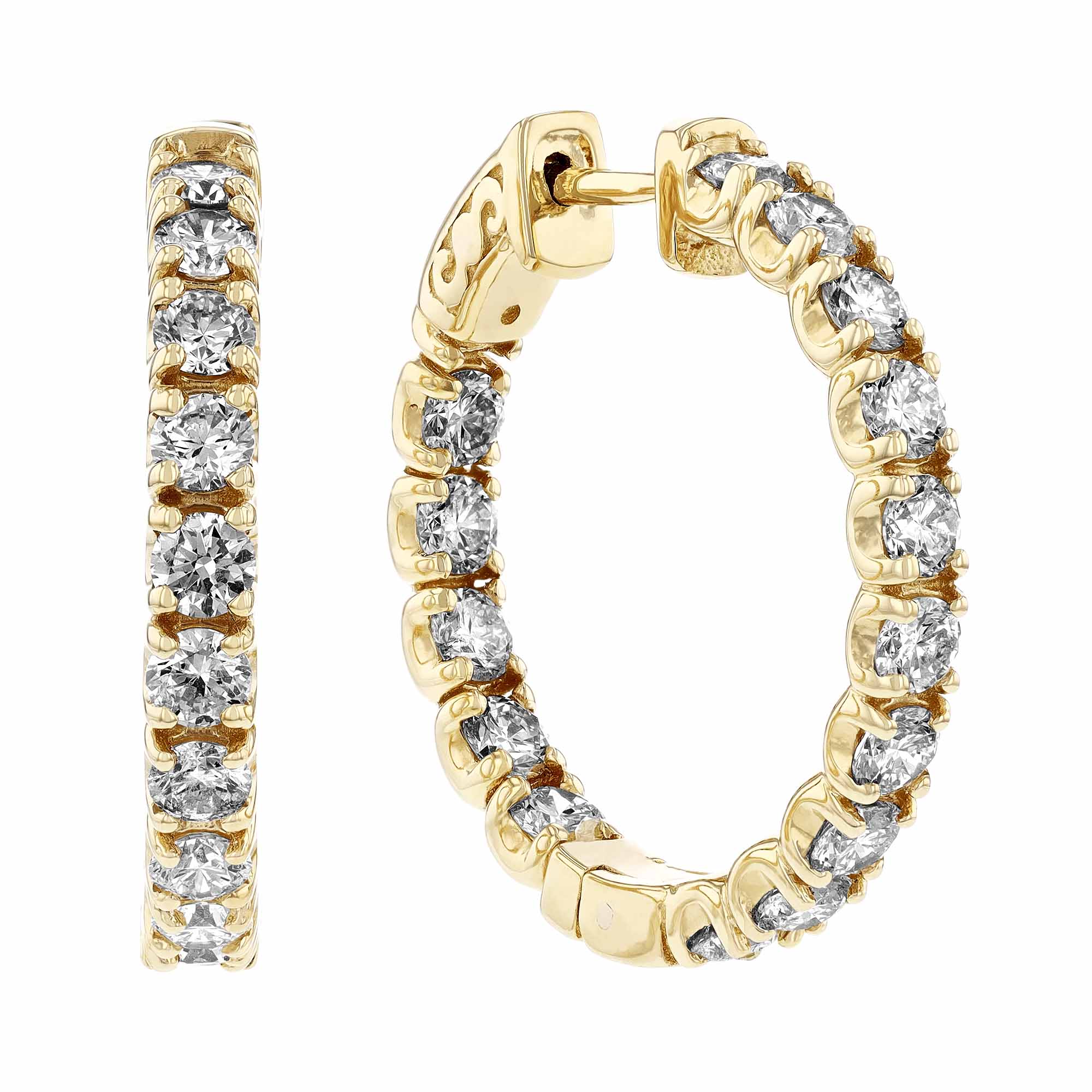 Diamond Inside Out Hinged Hoop Earrings in Yellow Gold, 3.00 aptw
