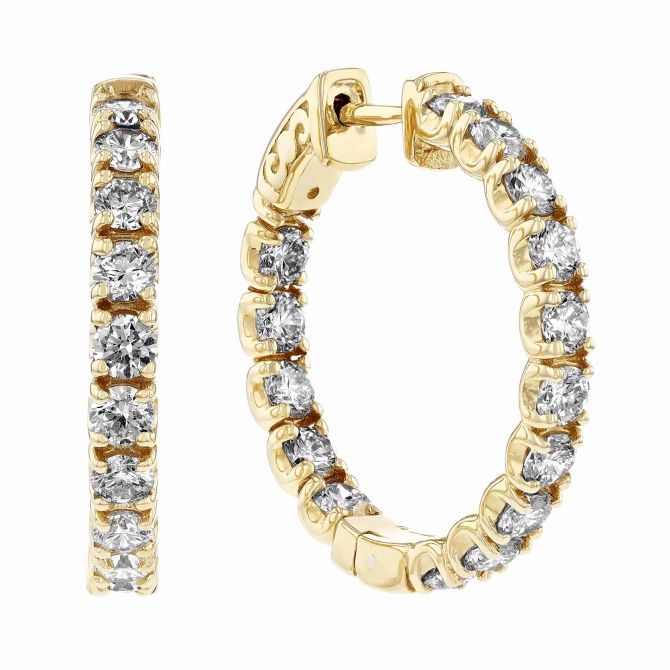 Diamond Inside Out Hinged Hoop Earrings in Yellow Gold, 3.00 aptw