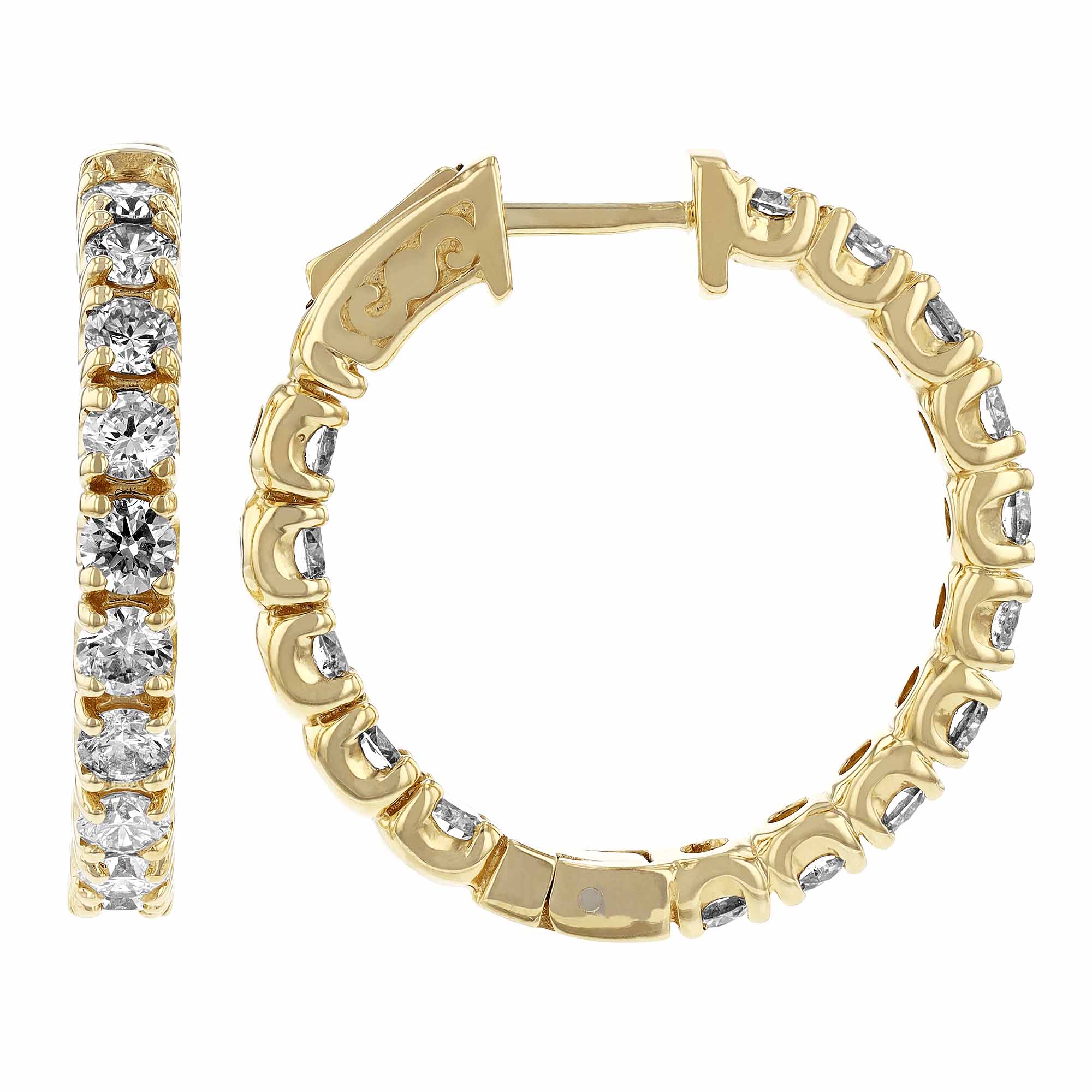 Diamond Inside Out Hinged Hoop Earrings in Yellow Gold, 3.00 aptw