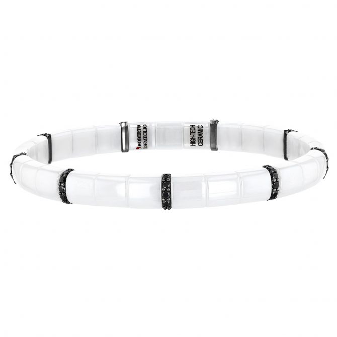 Roberto Demeglio Pura Black Diamond 9 Station Stretch Bracelet in White Ceramic & White Gold