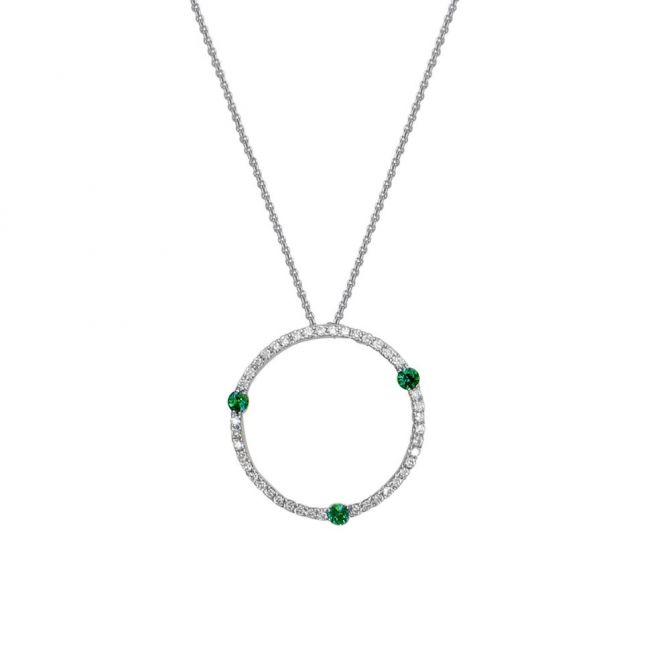 Emerald Trio & Diamond Open Circle Necklace in White Gold, 18"