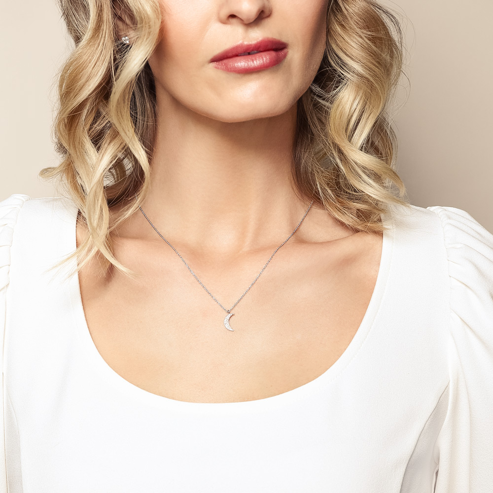 Diamond Crescent Moon Pendant in White Gold, 18