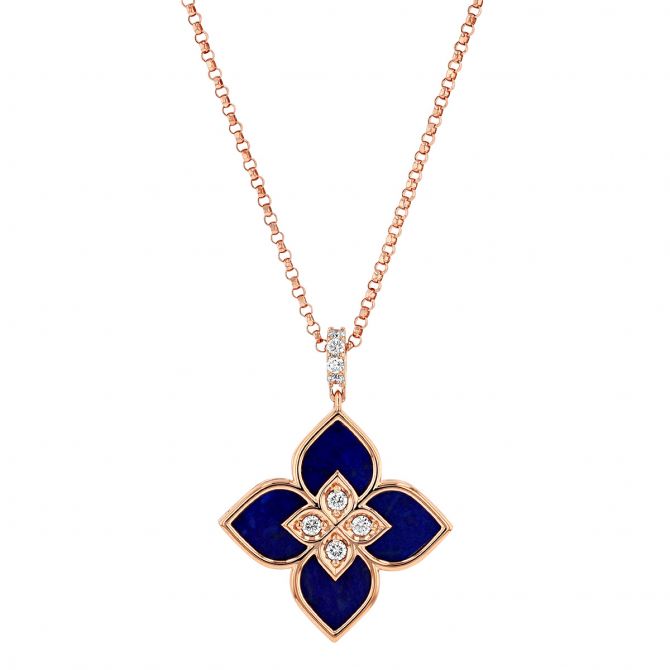 Roberto Coin Venetian Princess Lapis Lazuli & Diamond Flower Pendant in Rose Gold, 17"