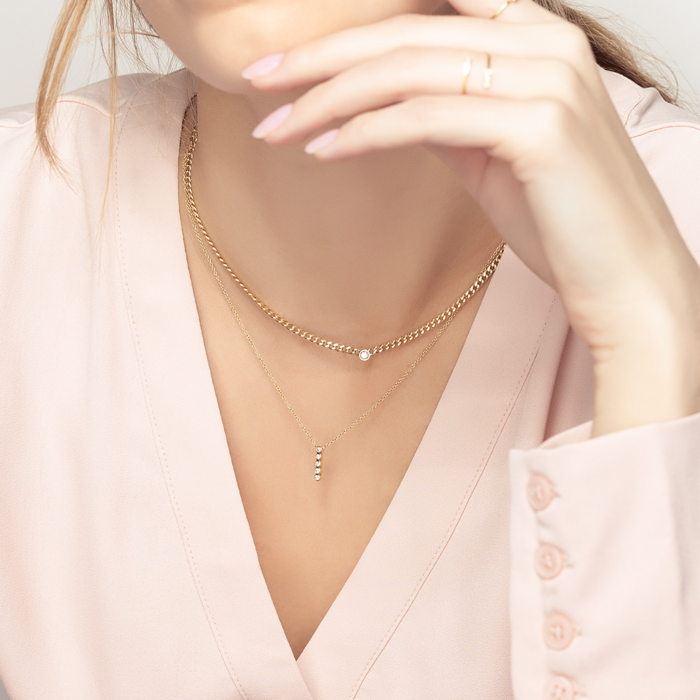 Zoe Chicco Yellow Gold Small Curb Chain Necklace with Floating Diamond, 16