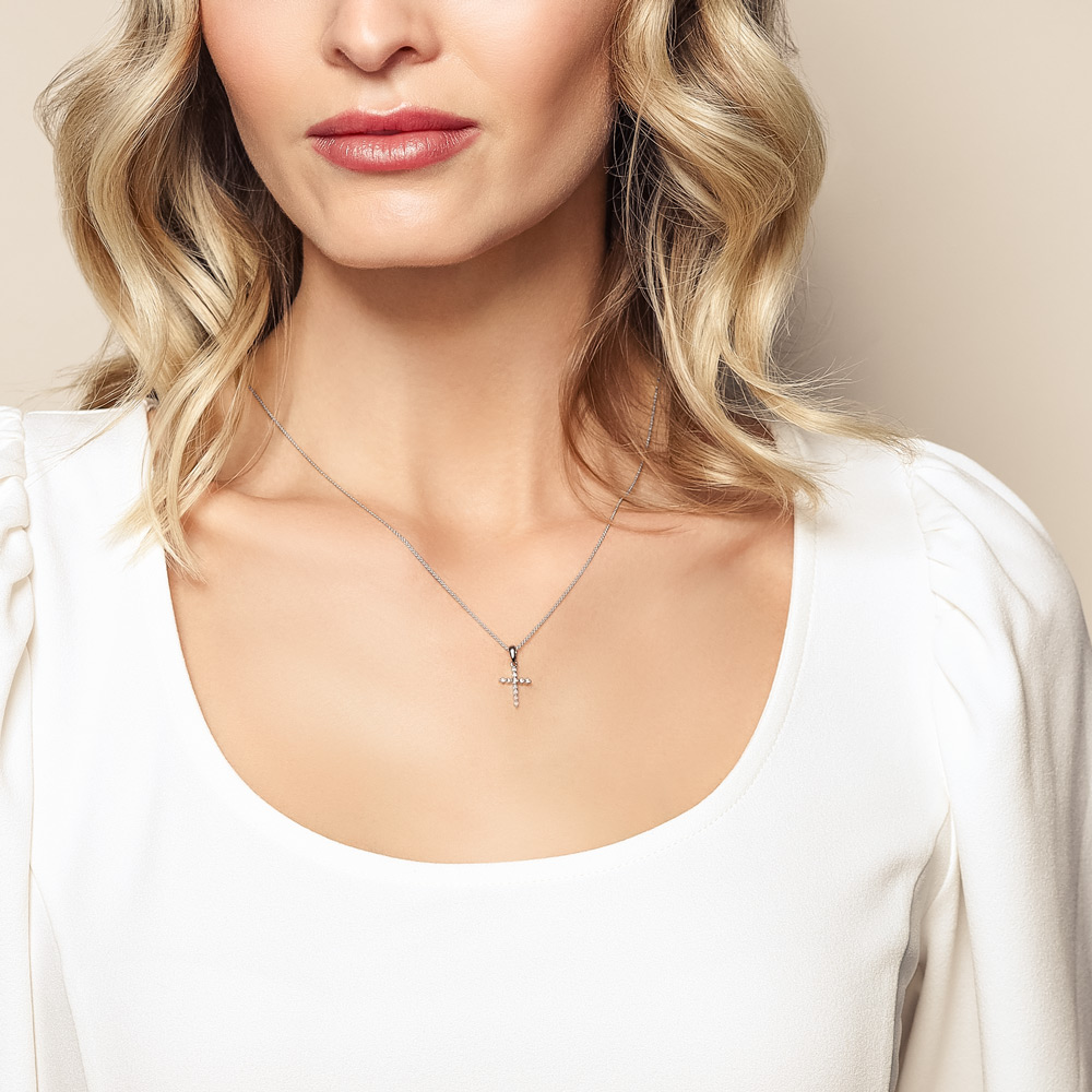 Petite Diamond Cross Pendant Necklace in White Gold, 0.11 cttw
