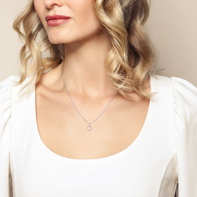 Diamond Open Heart Pendant in White Gold, 18"