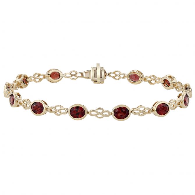 Oval Garnet 13 Stone Lace Link Bracelet in Yellow Gold