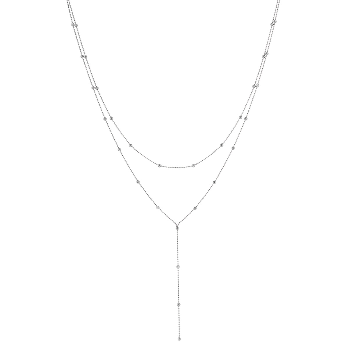 White Gold Double Strand Lariat Bead Chain Necklace, 17