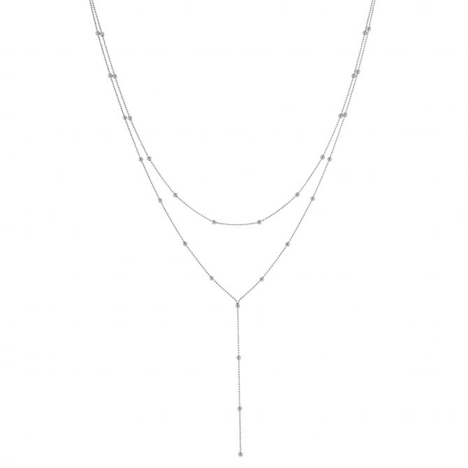 White Gold Double Strand Lariat Bead Chain Necklace, 17"