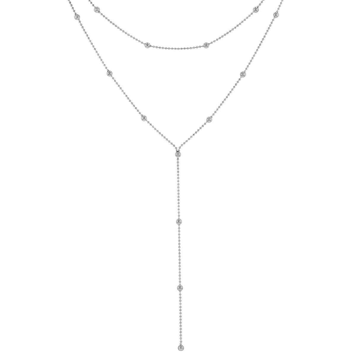 White Gold Double Strand Lariat Bead Chain Necklace, 17