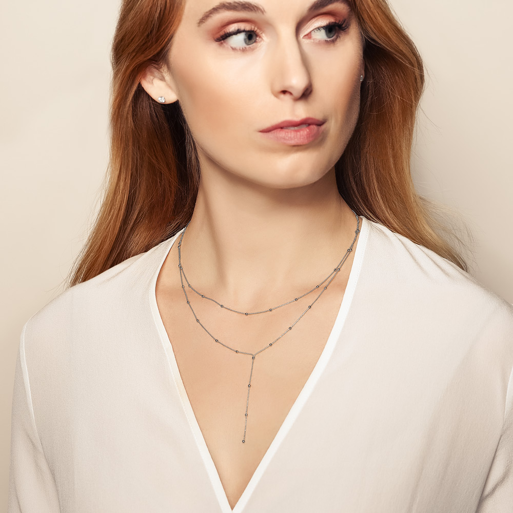 White Gold Double Strand Lariat Bead Chain Necklace, 17