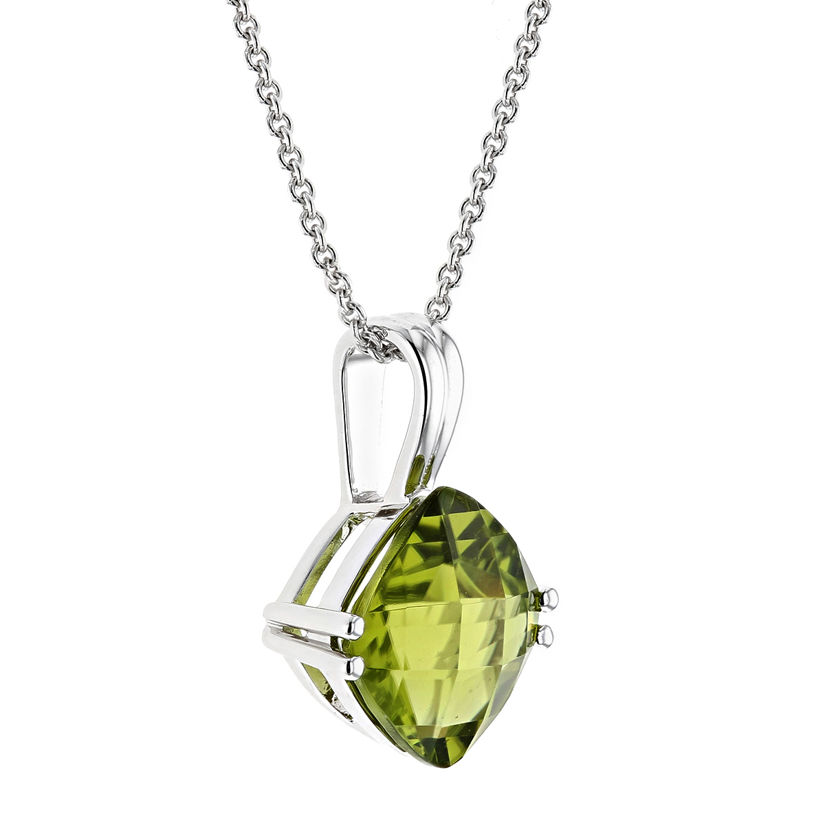 Checkerboard Cushion Peridot Pendant in White Gold, 18