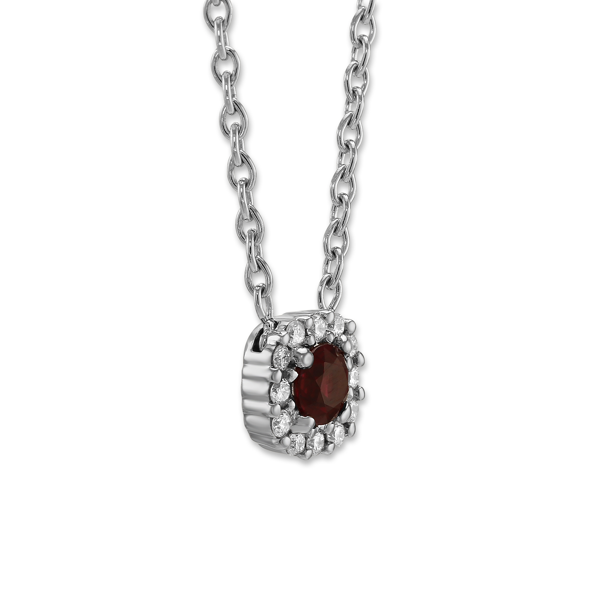 Round Ruby & Diamond Halo Petite Necklace in White Gold, 18