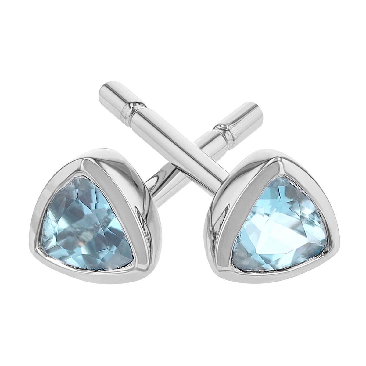 Trillion Aquamarine Bezel Set Stud Earrings in White Gold, 3 mm
