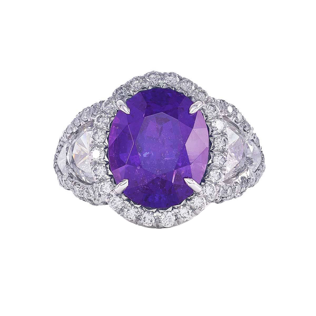 J.B. Star Oval Purple Sapphire & Diamond Side Stone Ring in Platinum