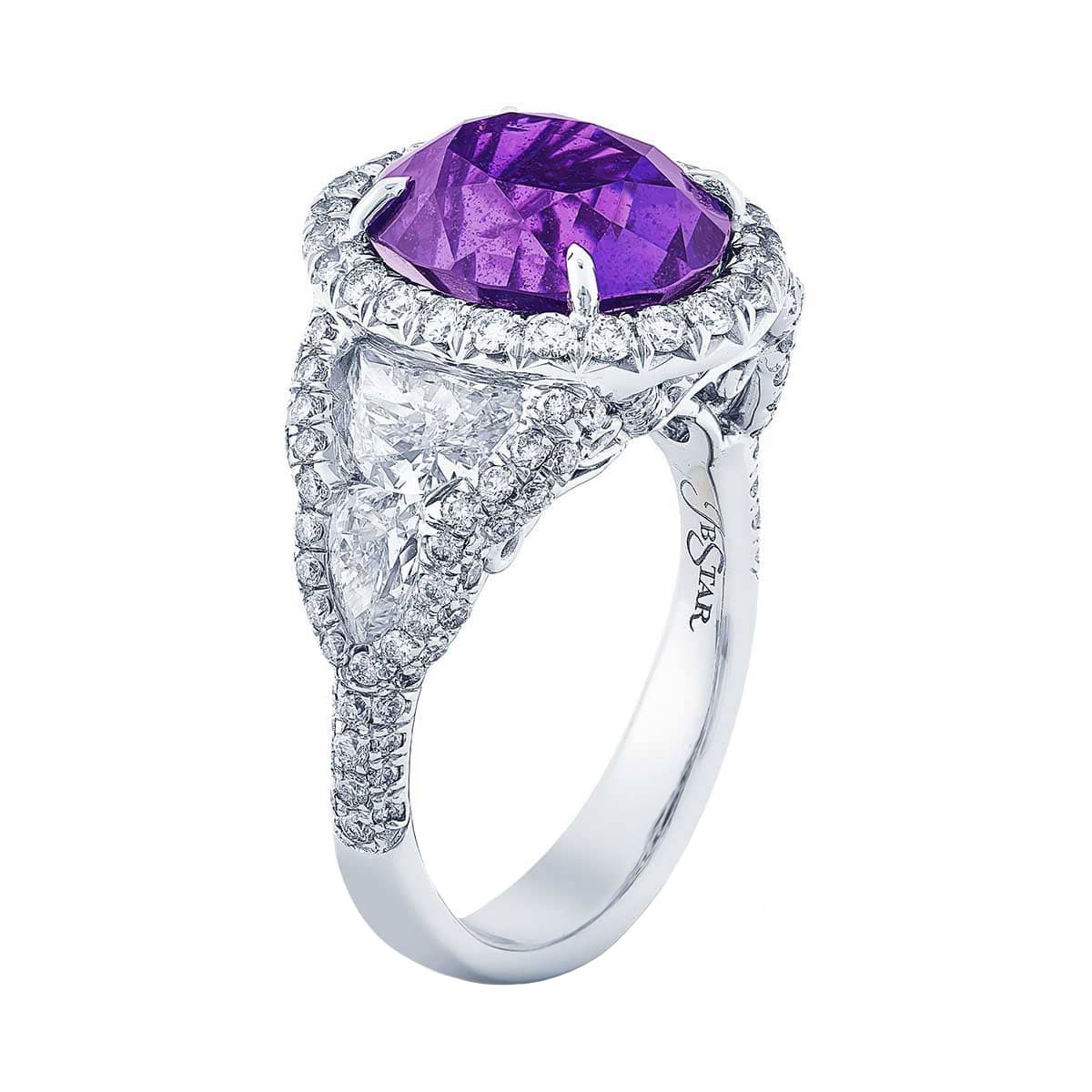 J.B. Star Oval Purple Sapphire & Diamond Side Stone Ring in Platinum