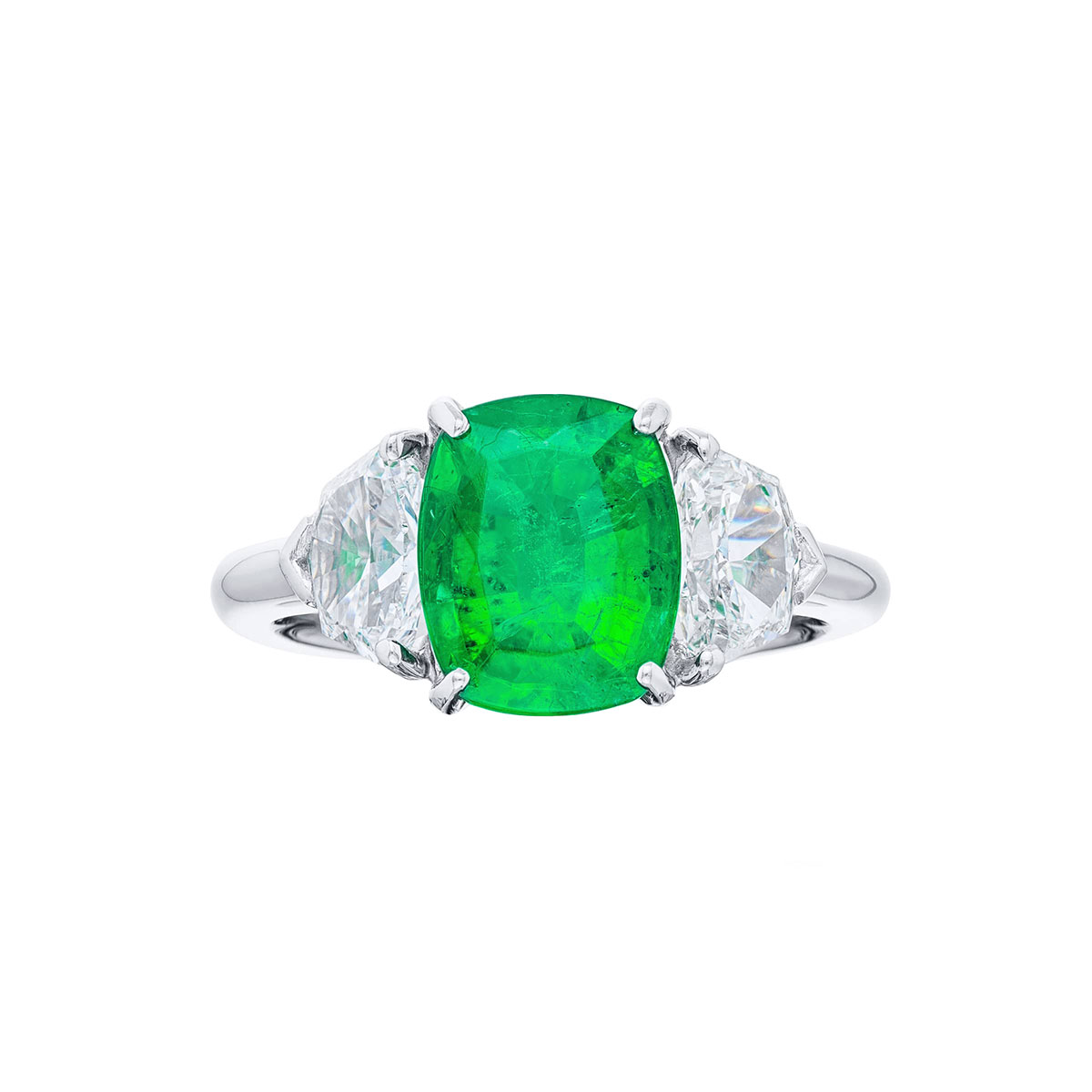 J.B. Star Cushion Cut Emerald & Diamond 3 Stone Ring in Platinum