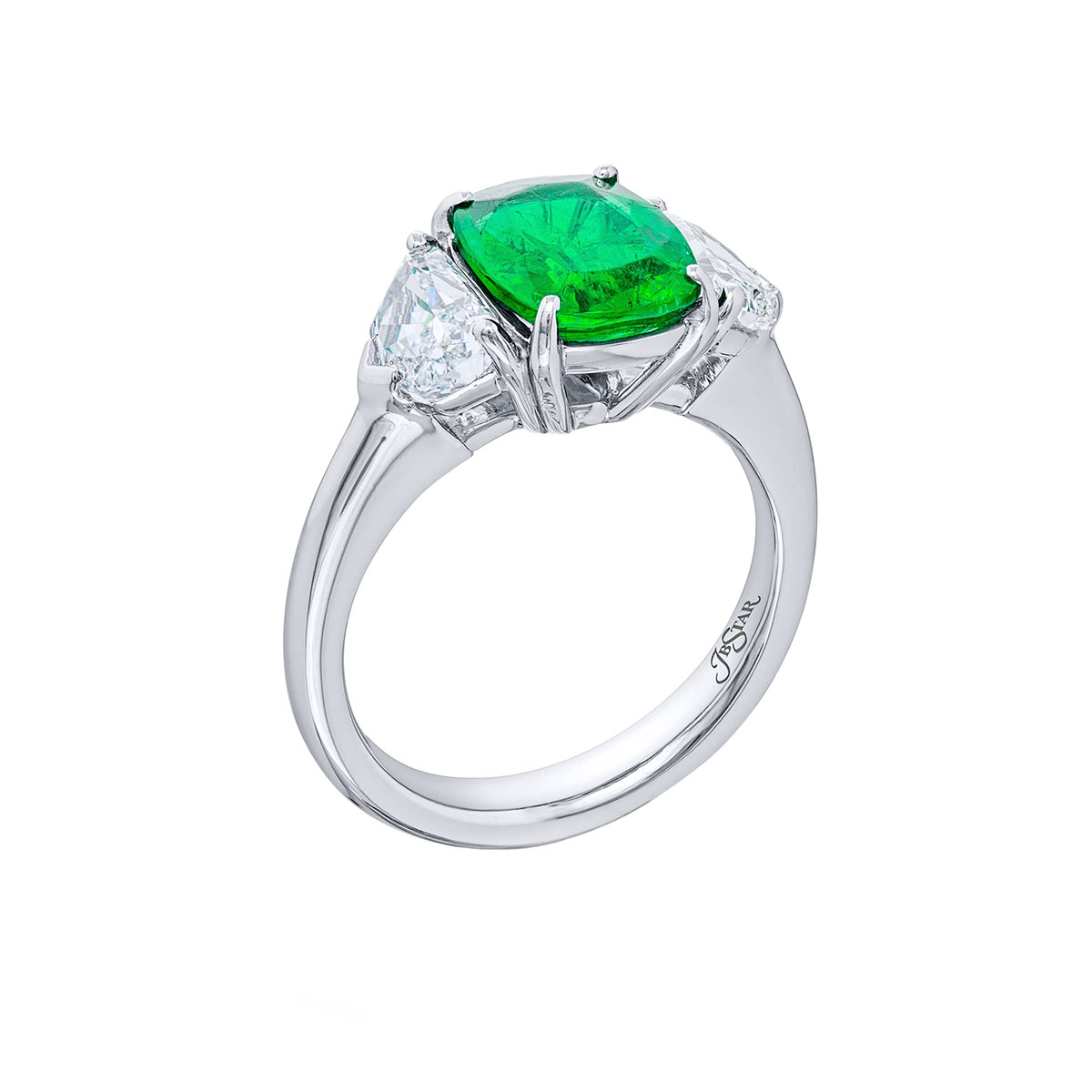 J.B. Star Cushion Cut Emerald & Diamond 3 Stone Ring in Platinum