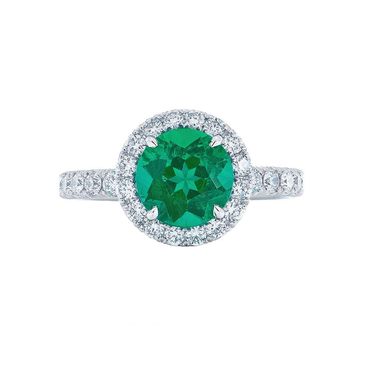 J.B. Star Round Emerald & Diamond Halo Ring in Platinum