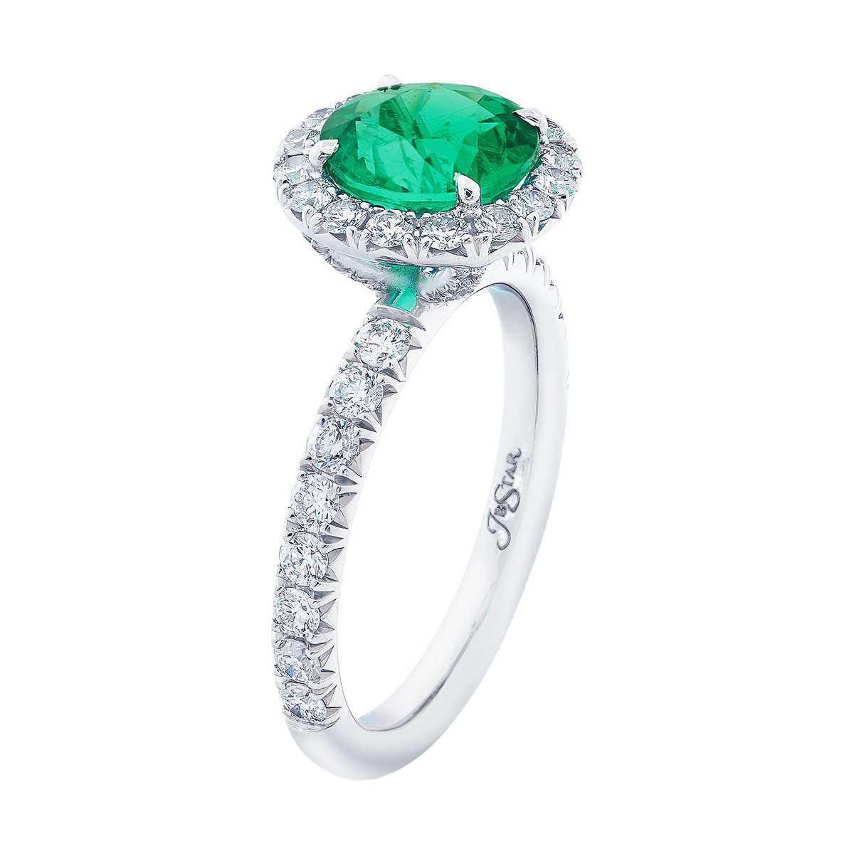 J.B. Star Round Emerald & Diamond Halo Ring in Platinum