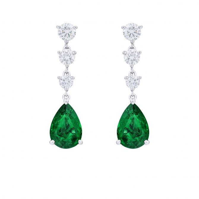 J.B. Star Pear Shaped Emerald & Diamond Trio Drop Earrings in Platinum