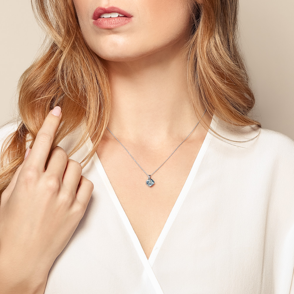 14K White Gold Checkerboard Cushion Blue Topaz Pendant, 18