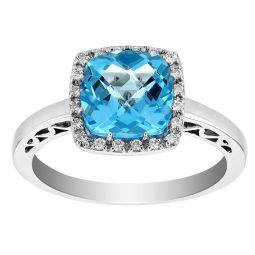 Cushion Blue Topaz & Diamond Ring in White Gold