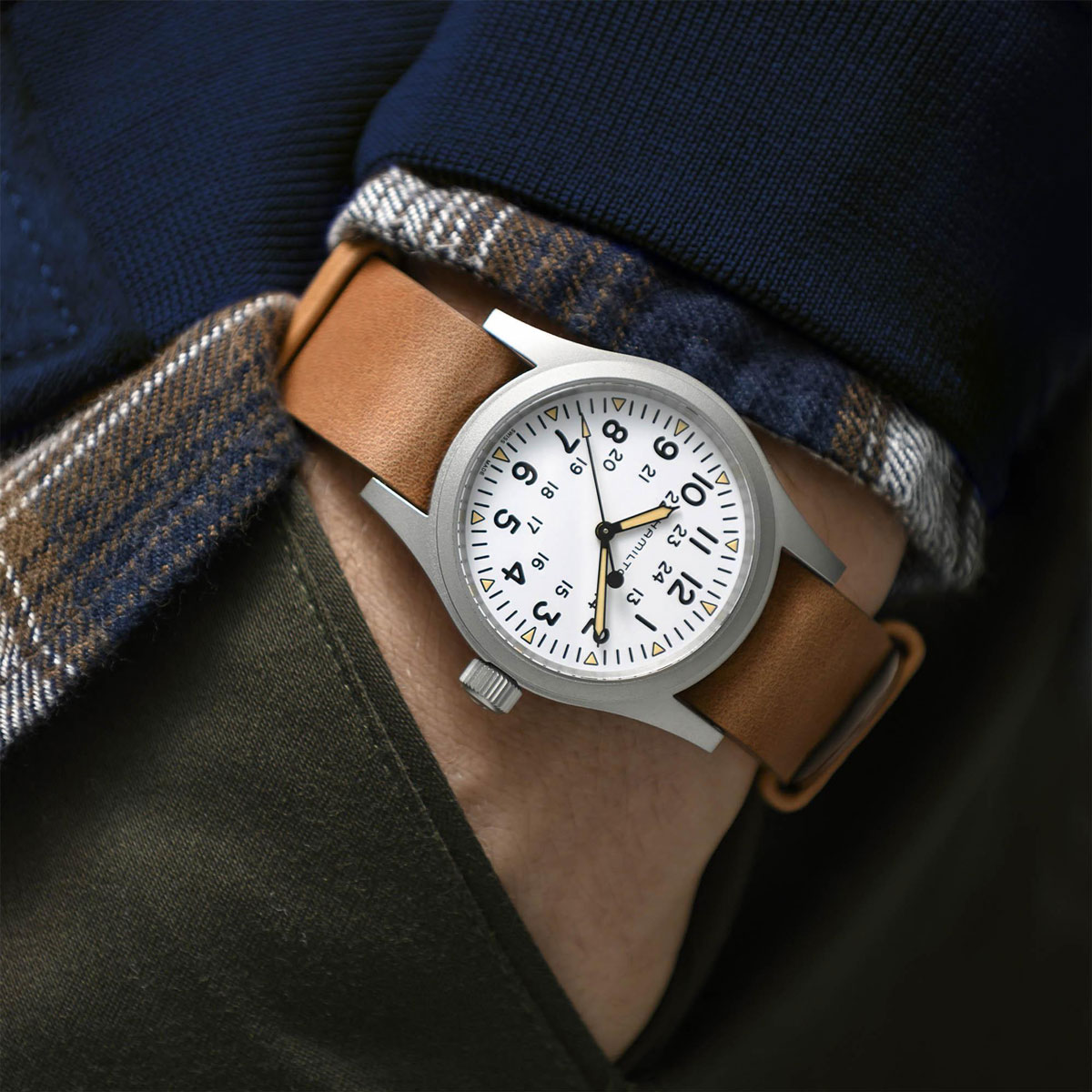 Hamilton Khaki Field Mechanical 38mm Men's Watch, White Dial and Standard Brown Leather Strap