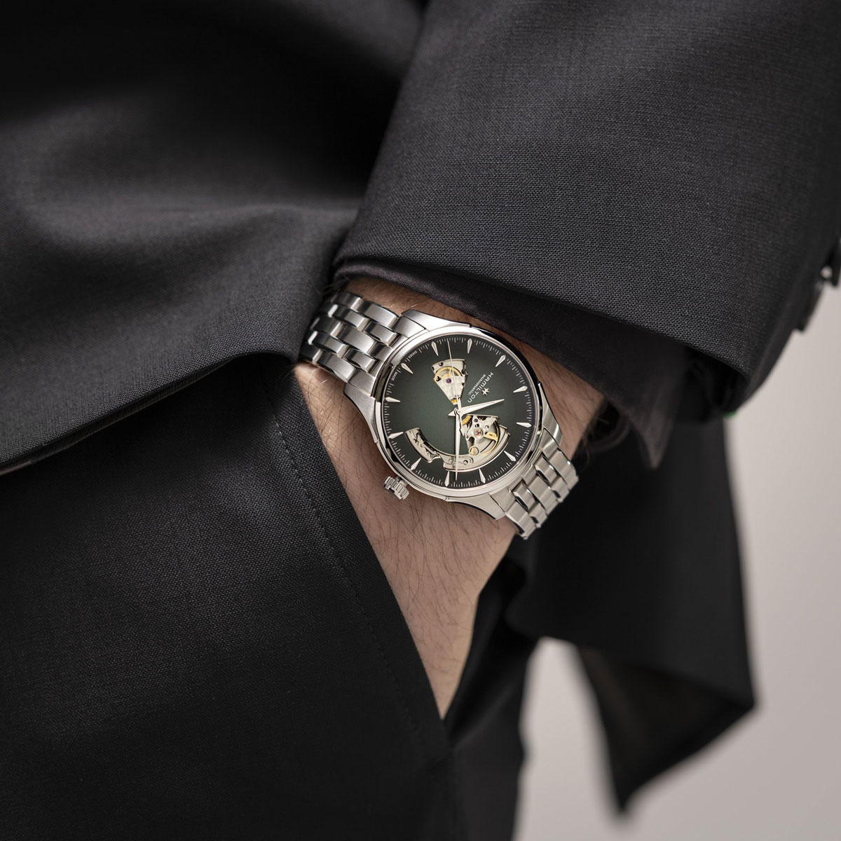 Hamilton Jazzmaster Open Heart Automatic 40mm Watch, Smoked Green Dial