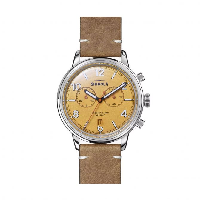 Shinola Traveler 2 Eye Chrono 42mm Watch, British Tan Leather and Golden Dial