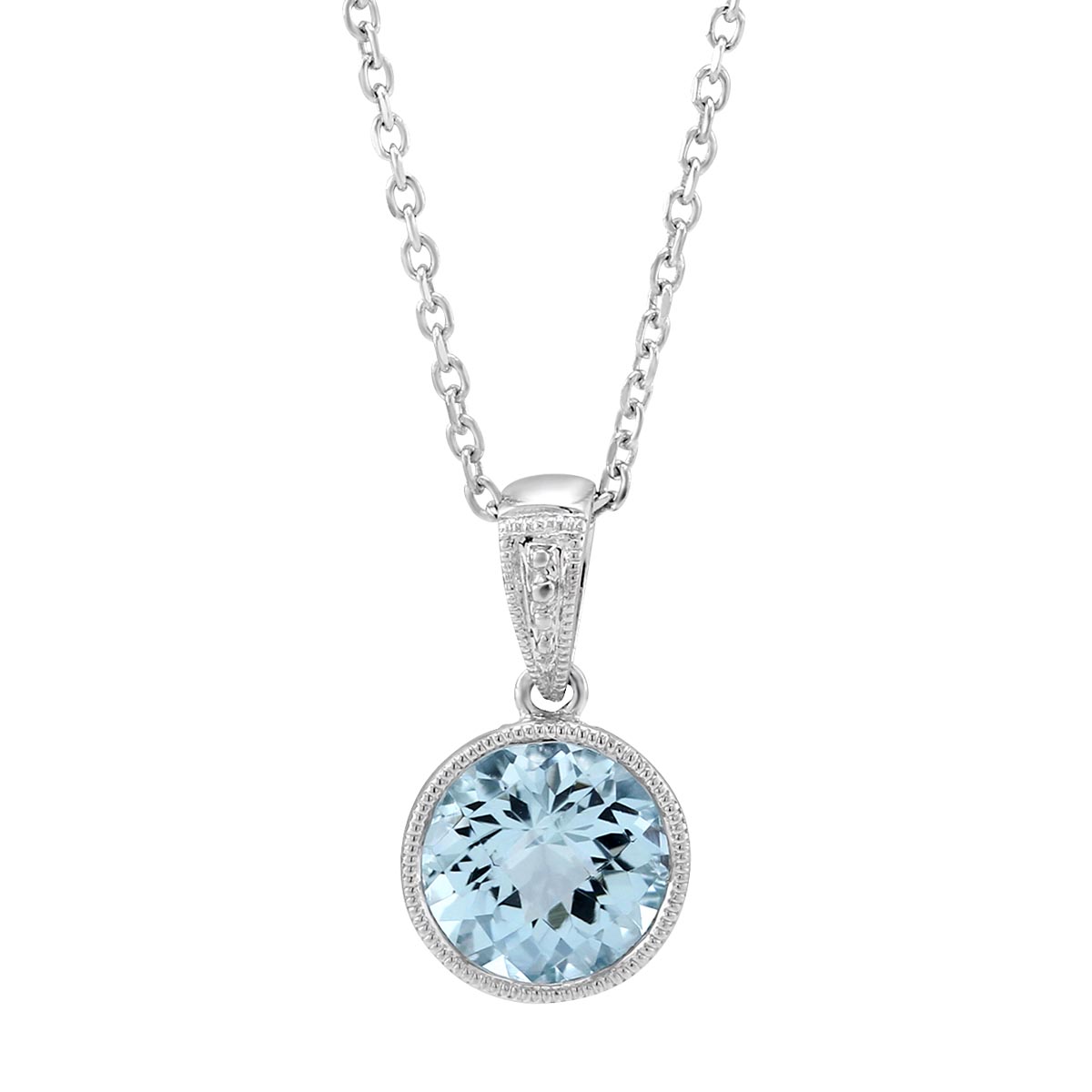 Checkerboard Round Aquamarine Bezel Set Pendant in White Gold, 18