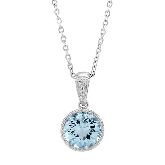 Checkerboard Round Aquamarine Bezel Set Pendant in White Gold, 18"