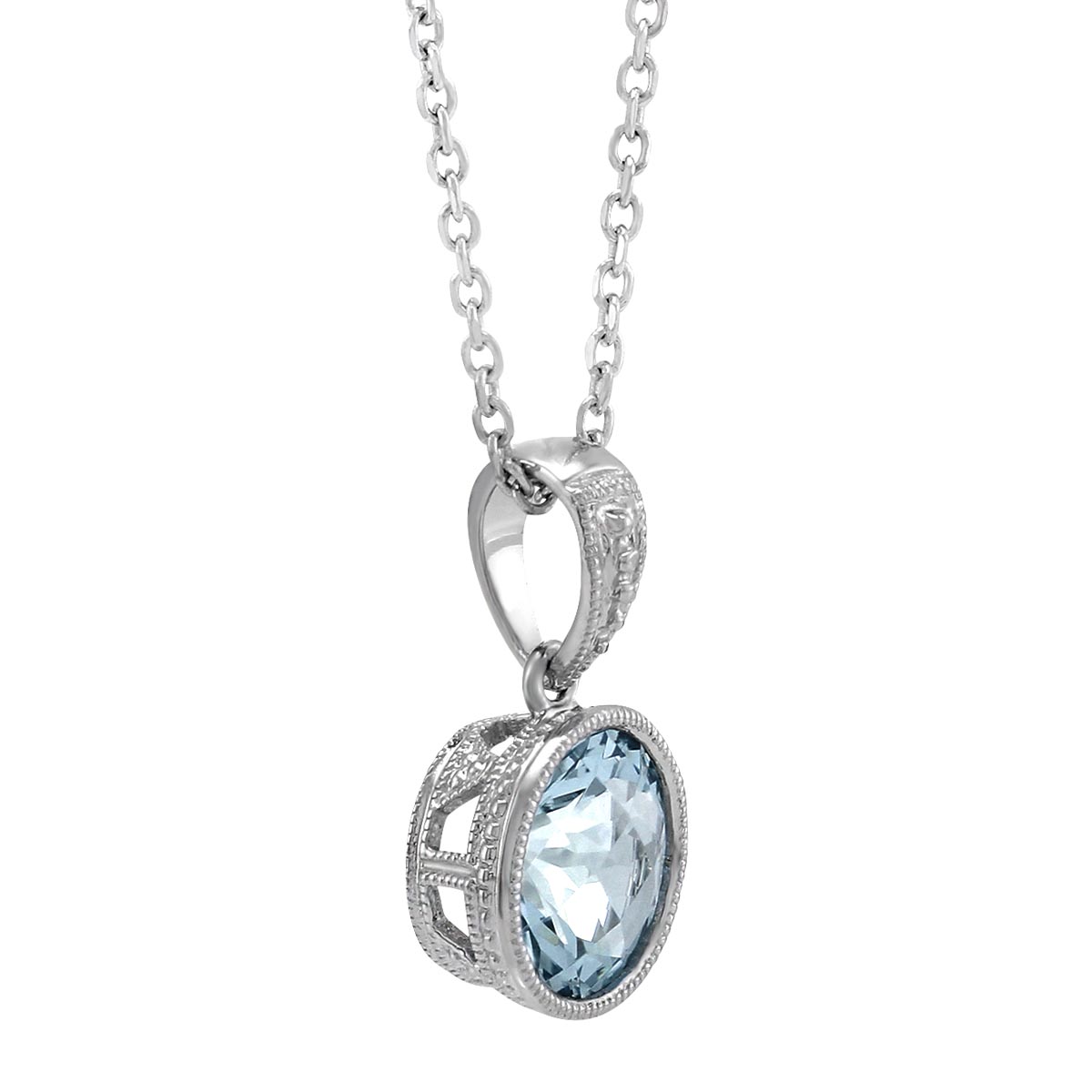 Checkerboard Round Aquamarine Bezel Set Pendant in White Gold, 18