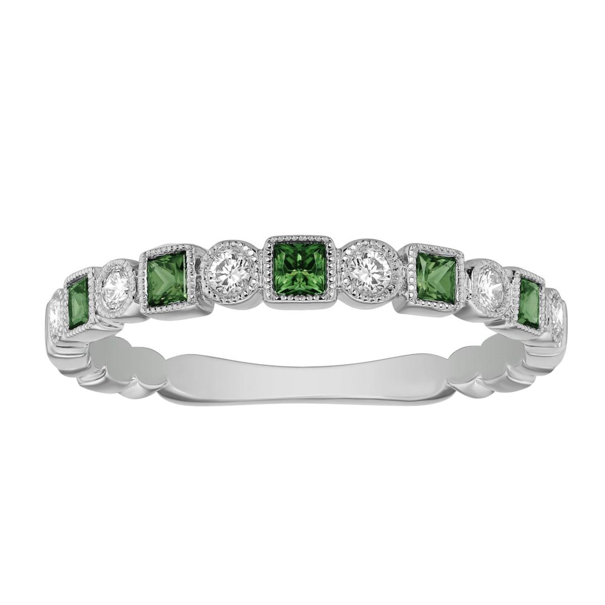 Emerald & Diamond Milgrain Geometric Ring in White Gold