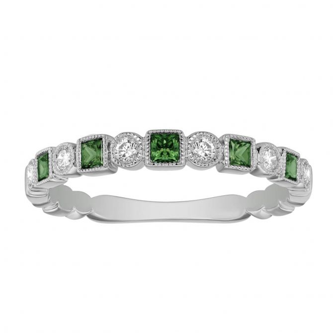 Emerald & Diamond Milgrain Geometric Ring in White Gold